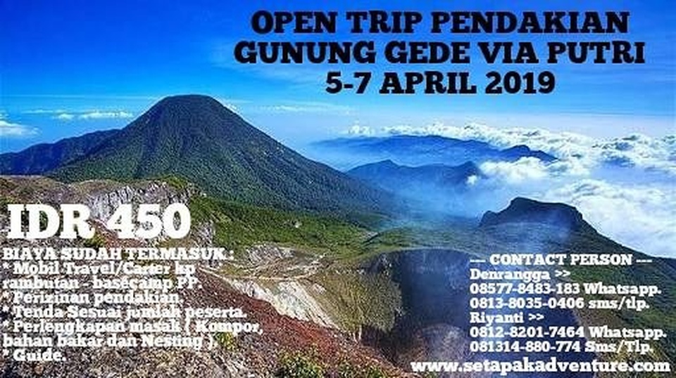 OPEN TRIP PENDAKIAN GUNUNG GEDE VIA PUTRI 5-7 APRIL 2019