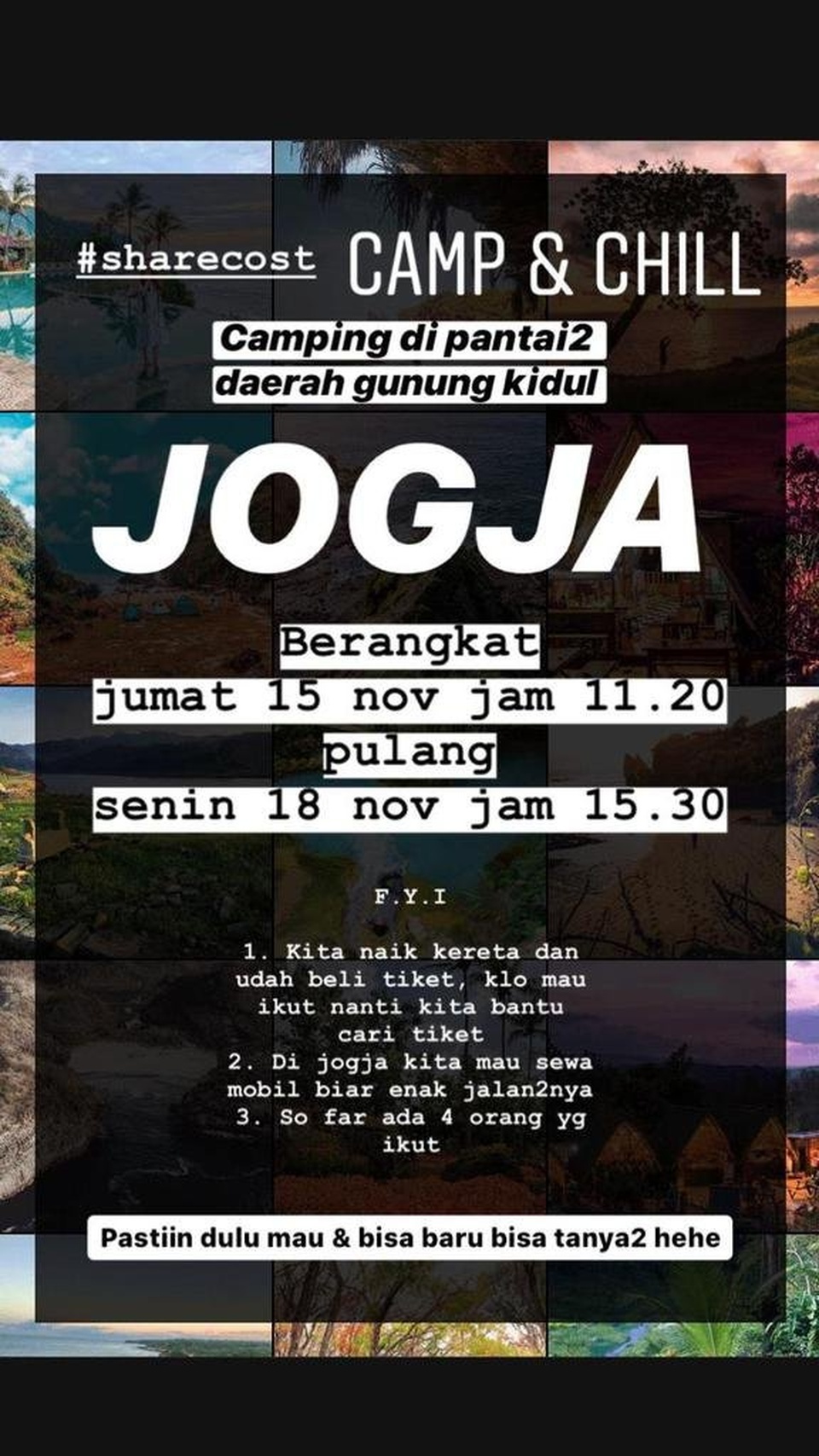 (SHARECOST) CAMP AND EXPLORE PANTAI JOGJA 15 - 18 NOV 2019