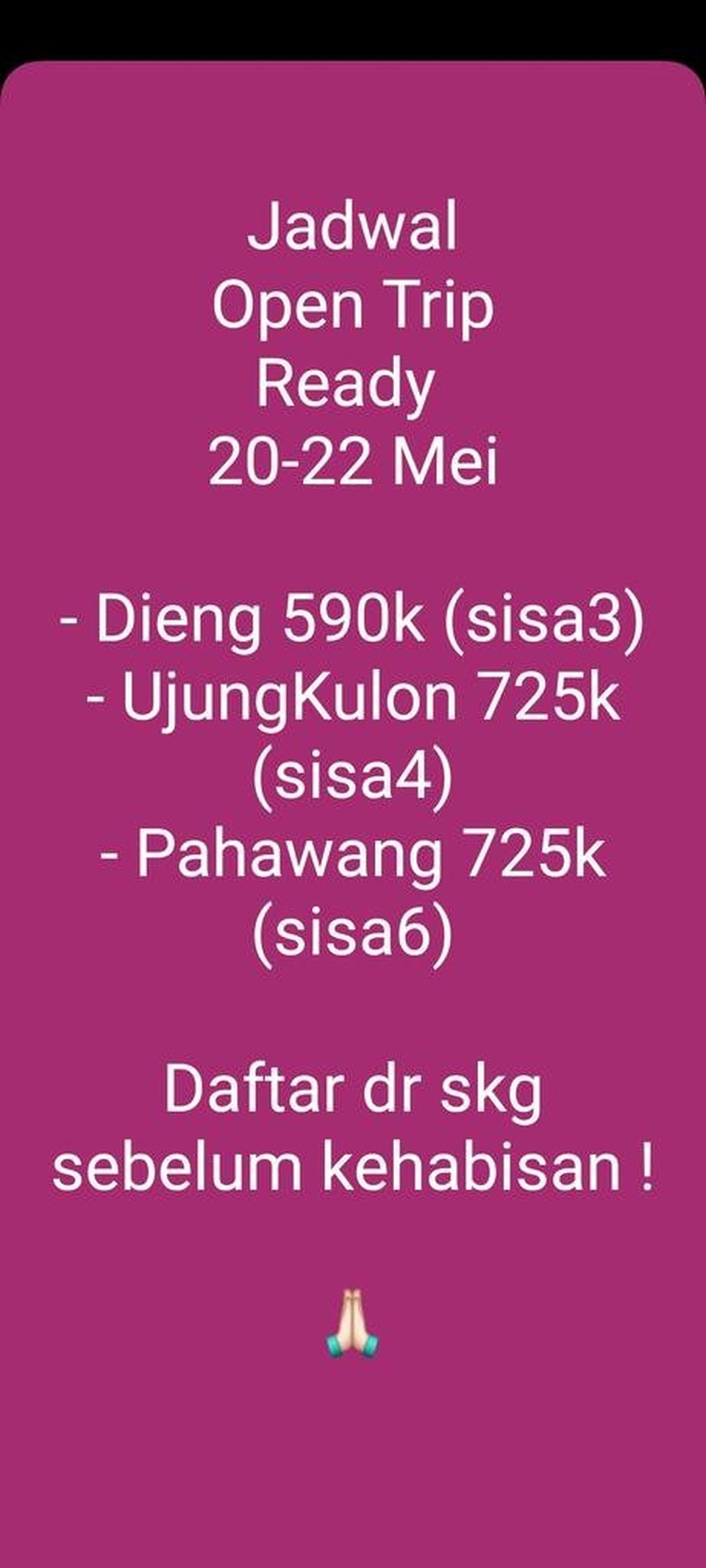 Ready Open Trip Dieng - Ujung Kulon - Pahawang